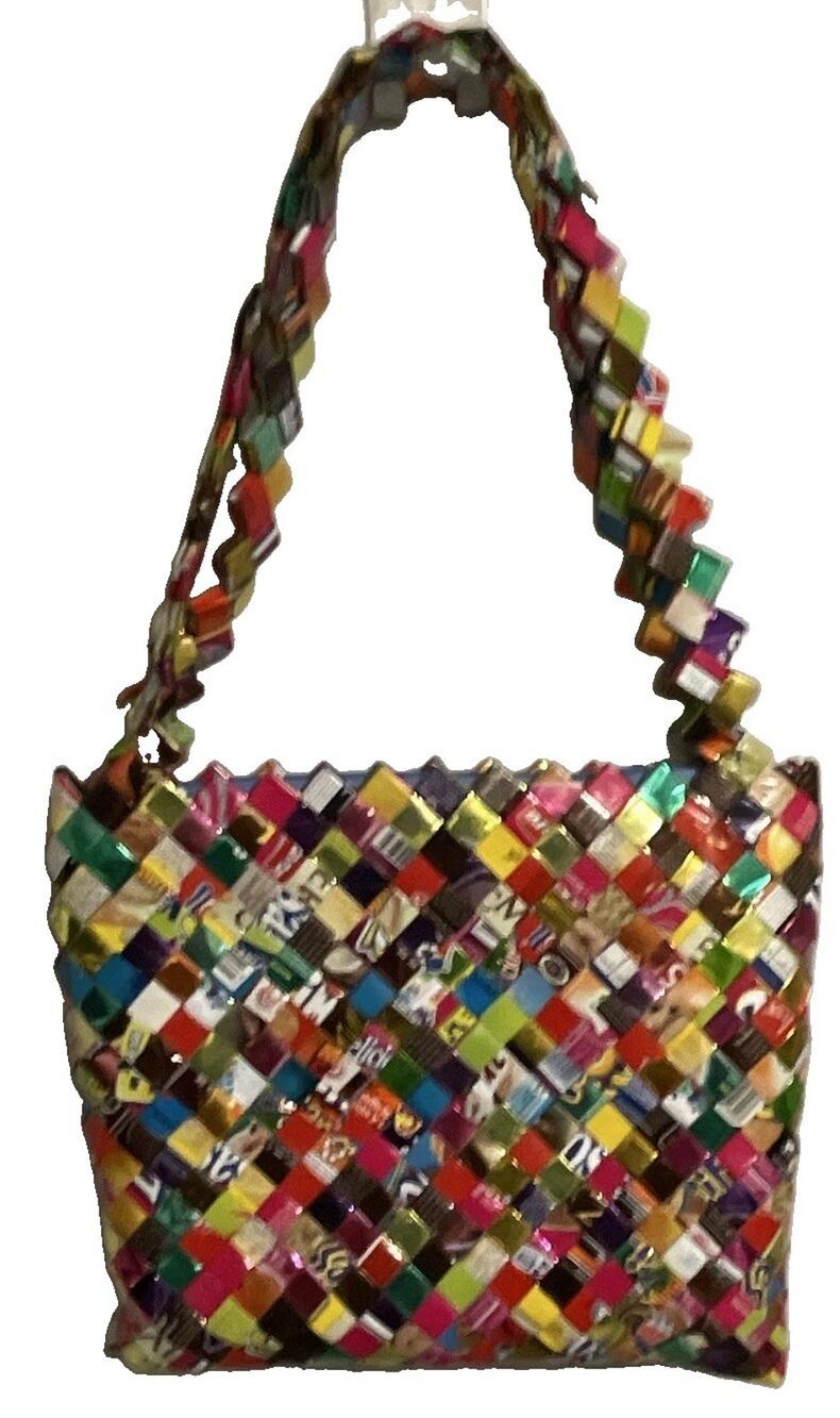 Handmade Shoulder Bag Woven Folded Candy and Snack Wrappers Link Strap 11x12”